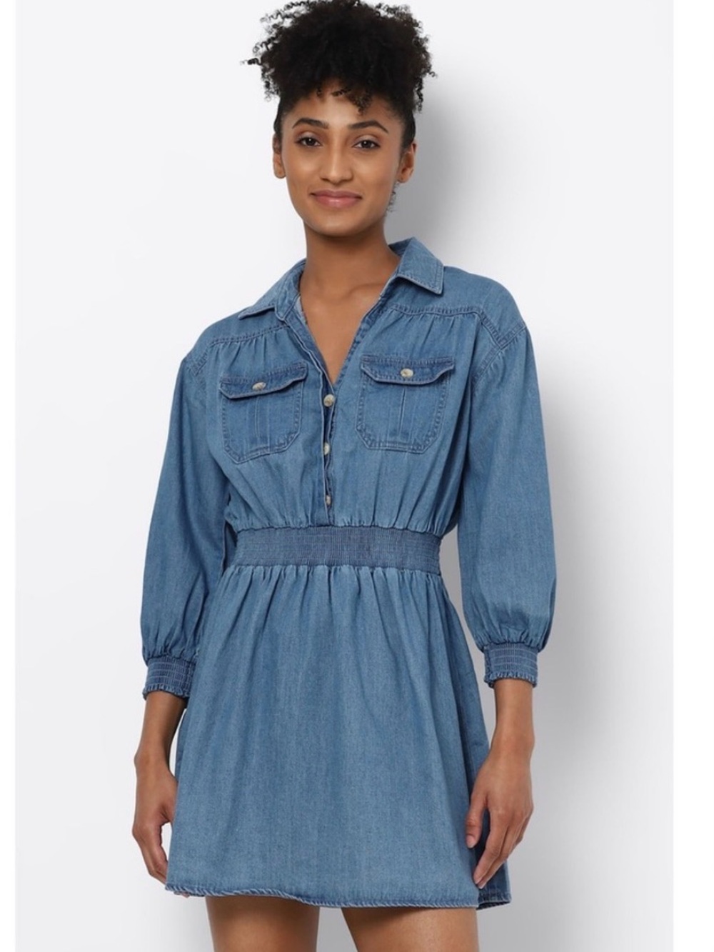 American Eagle Blue Denim Mini Shirt Dress with Smocked Waist